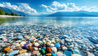 The sea is full of colorful pebbles, and the pebble beach on both sides is covered with many colored glass stones