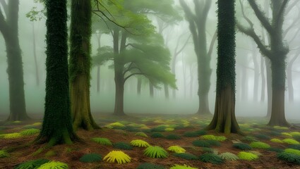 Obraz premium Mystical Forest Scene: Dense, Lush Green Trees Shrouded in Fog Creating a Serene and Tranquil Atmosphere with Various Shades of Green