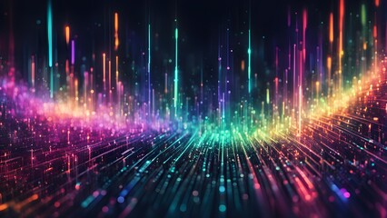 Obraz premium Abstract background with colorful glowing lines and particles.