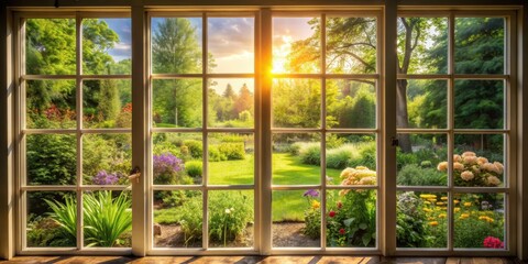 Sunlit garden viewed through window panes, sunny, garden, window, greenery, sunlight, peaceful, tranquil, nature, plants