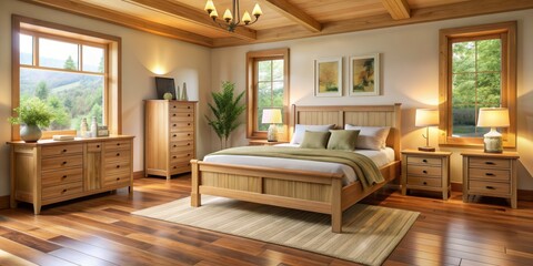 Cozy bedroom with warm butter wood furniture and a welcoming atmosphere, interior, warm, butter, wood, furniture, bedroom