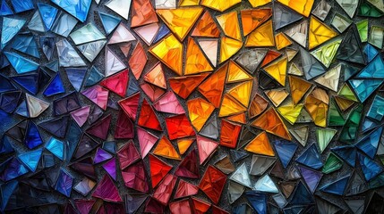 An abstract mosaic artwork characterized by a kaleidoscope of triangular shapes in a multitude of vibrant colors. The arrangement of these shapes creates an intricate, eye-catching design with a