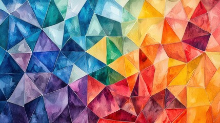 A stunning abstract mosaic artwork where triangles of various vibrant colors form a complex and engaging pattern. The interplay of bright hues and geometric shapes creates a dynamic and visually