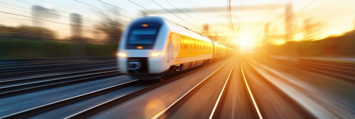 Fototapeta premium A high-speed train traveling at great speed along railway tracks with the bright and warm light of the setting sun illuminating the landscape around it.