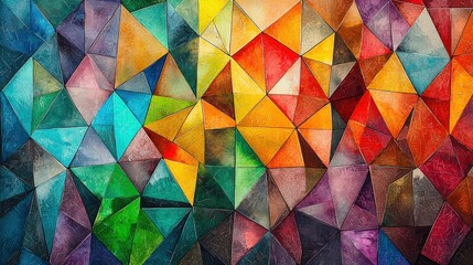 Fototapeta premium A stunning abstract mosaic artwork where triangles of various vibrant colors form a complex and engaging pattern. The interplay of bright hues and geometric shapes creates a dynamic and visually