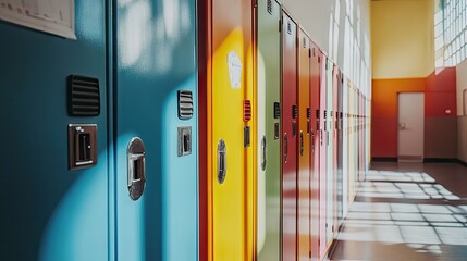 Detailed image of organized school lockers in a bright, well-lit hallway, perfect for showcasing an educational and academic setting.