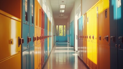Detailed image of organized school lockers in a bright, well-lit hallway, perfect for showcasing an educational and academic setting.