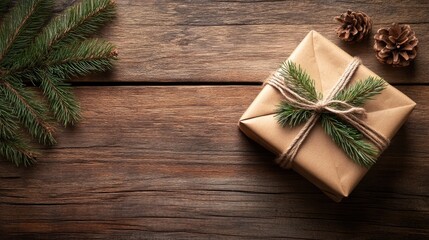 Fototapeta premium Eco-friendly handmade gift box on a rustic wooden table, representing sustainable holiday decor and Christmas gift-wrapping ideas.