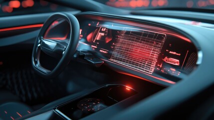 Electric car interior with a holographic wireframe speedometer, emphasizing cutting-edge vehicle technology and futuristic dashboard design.