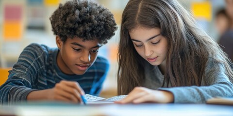 Obraz premium Two students sitting side by side, one helping the other with a complex math problem, their faces focused and engaged as they learn from each other.