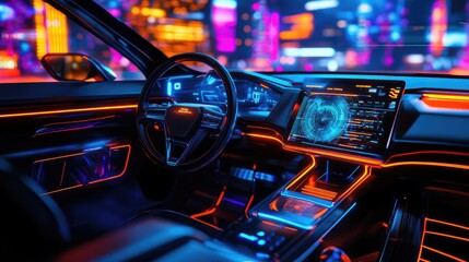Electric car interior with a holographic wireframe speedometer, emphasizing cutting-edge vehicle technology and futuristic dashboard design.