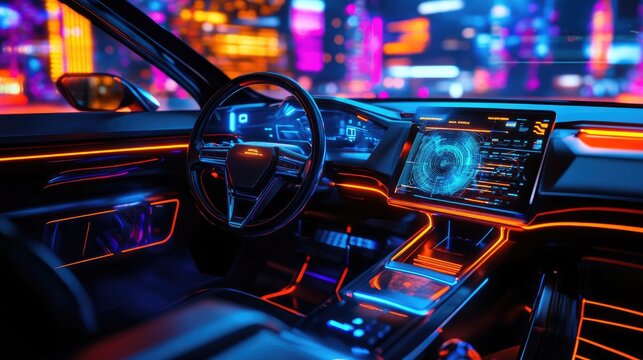 Electric car interior with a holographic wireframe speedometer, emphasizing cutting-edge vehicle technology and futuristic dashboard design. - Powered by Adobe