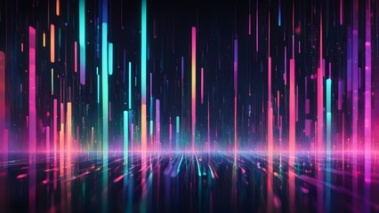 A futuristic, neon-lit cityscape with glowing, vertical lines of light emanating from the sky, reflecting in the water on the ground.
