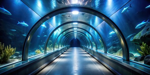 Dark tunnel with illuminated aquariums on either side , tunnel, aquarium, underwater, dark, lit up