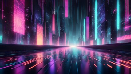 A futuristic cityscape with glowing neon lights and a reflective road.