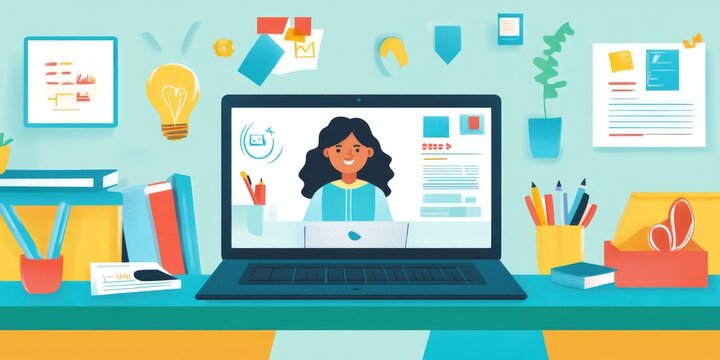 A teacher delivering a virtual lesson from their home, with a laptop on the desk, surrounded by lesson plans, books, and creative teaching materials.