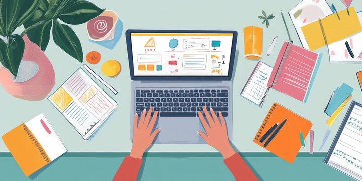 A teacher delivering a virtual lesson from their home, with a laptop on the desk, surrounded by lesson plans, books, and creative teaching materials.