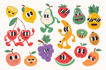 Funny fruits character collection. Seasonal fruits emoji face. Stickers cute fruits in different emoji expression in y2k style.