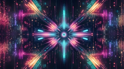 Naklejka premium Abstract digital background with glowing lines and light effects in blue, pink, and orange.