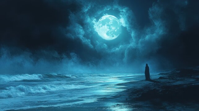 Eerie scene of ghostly figure on desolate beach at night under moonlight