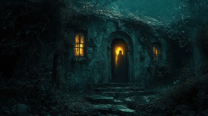 Ghostly Presence in Abandoned Stone House at Night - Spooky Specter in Moonlit Doorway of Haunted Building