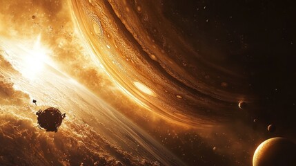 Obraz premium A close-up of a spacecraft flying past Jupiter, with the planetâ€™s massive storm systems and moons in view