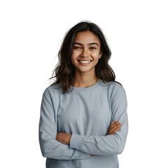 Fototapeta premium A Confident Young Woman Standing with Arms Crossed, Smiling Brightly on a Transparent Background