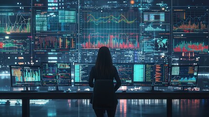 A modern office setup where a businesswoman is surrounded by multiple monitors showcasing diverse data charts and graphs. The professional is deeply focused on interpreting the data for effective