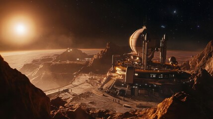 A detailed shot of a space observatory on a remote planet, with scientists studying the stars from their high-tech base