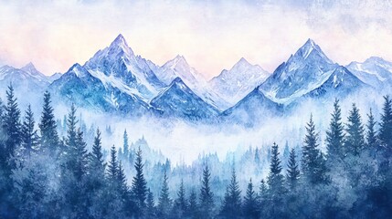 Obraz premium Watercolor painting of a snowy mountain range with a forest in the foreground.