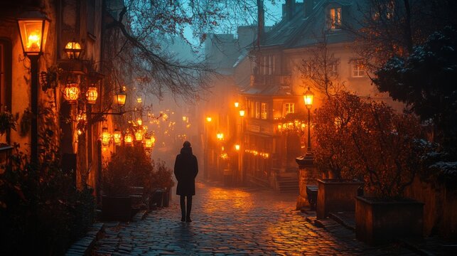 Eerie Midnight Stroll: Ghostly Figure on Cobblestone Street in Foggy Atmosphere Captured with Leica M10 | Ultra-Realistic Street Photography