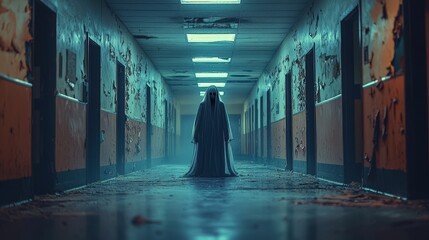 A ghostly presence haunts a deserted school hallway, the spectral figure barely visible in the dim, flickering light. The abandoned corridor, with its peeling paint and dust-covered floors, adds to