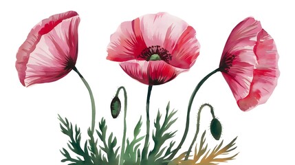 painting of a poppies in watercolor. Flowers isolated against a white background. Paintings of a set of pink and crimson poppies. Hand-painted watercolor flowery background with flowers View Less
