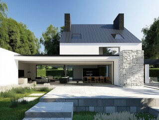 modern two-story family home, with a gable roof, a small terrace, and light grey stone walls. It captures the serene setting amidst lush greenery.