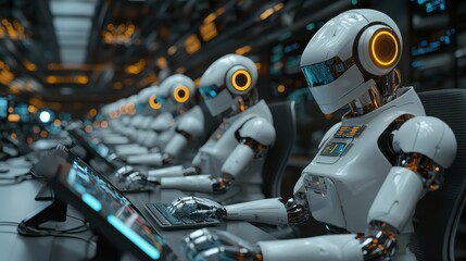 Fototapeta premium A group of robots are sitting at a computer desk