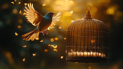 Fototapeta premium A bird with golden wings takes flight from an empty cage, symbolizing freedom.