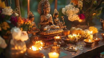 Fototapeta premium A close-up of a traditional altar with religious artifacts, such as statues, candles, and offerings, arranged for a ceremony