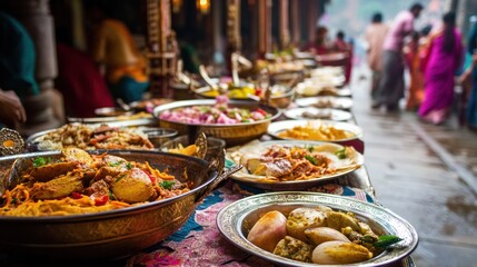 Fototapeta premium A close-up of a traditional religious feast, with dishes and utensils displayed in an elaborate setting for a communal meal