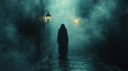 Eerie Urban Nightmare - Ghostly Figure Emerges from Dark Alleyway Enveloped in Foggy Fear