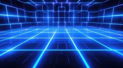 Fototapeta premium Abstract blue glowing grid background with perspective and depth.