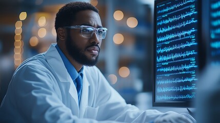 Biotechnology researchers in clean lab coats analyzing DNA sequence data on digital monitors