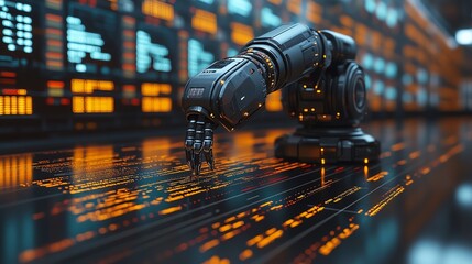 Robotic arm reaching towards a glowing digital interface in a futuristic factory setting.