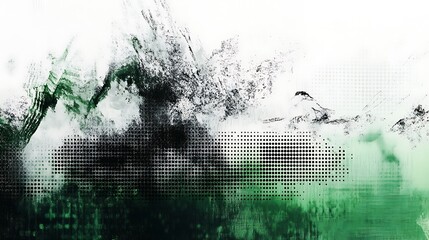 Abstract Green and Black Digital Art with Brushstrokes and Dots