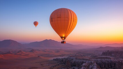 Naklejka premium Breathtaking view of hot air balloons soaring over stunning landscapes at sunrise, capturing the essence of adventure and freedom.