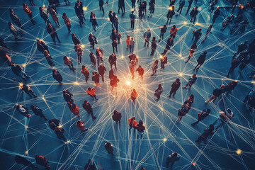 Composited visual of group of multinational people and communication network concept. Wide angle visual for banners or advertisements