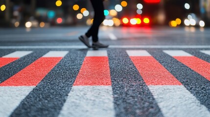 A person is walking across a crosswalk with a red line