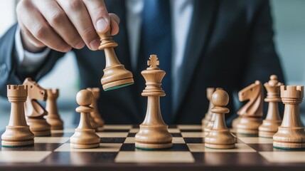 A man is playing chess with a wooden chess piece
