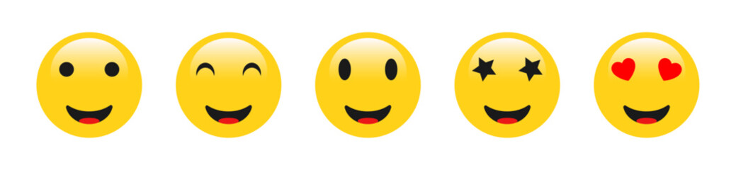 Set of five yellow smiley face emojis with various expressions including love eyes, star eyes, and happy smiles. Ideal for chat icons, social media, messaging apps, and fun graphic designs.