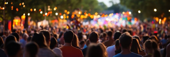 A bustling crowd fills the scene at a vibrant outdoor festival, complete with colorful lights and decorations, capturing the lively and communal spirit of the event.
