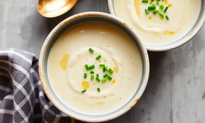 bowl of creamy potato leek soup with a sprinkle of chives